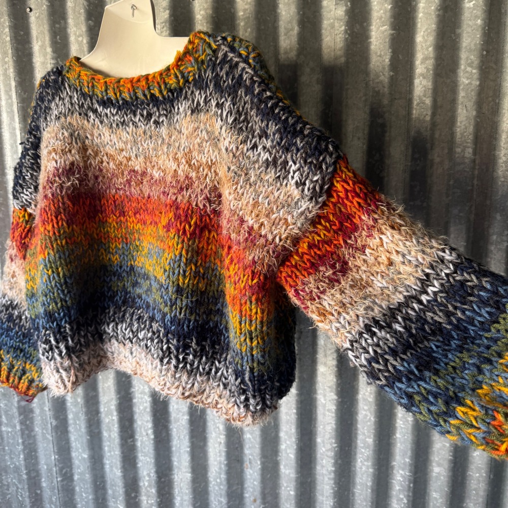 Hand Knit Chunky Stripe Sweater Oversized Crop Rainbow Large Pullover handmade - Picture 11 of 15